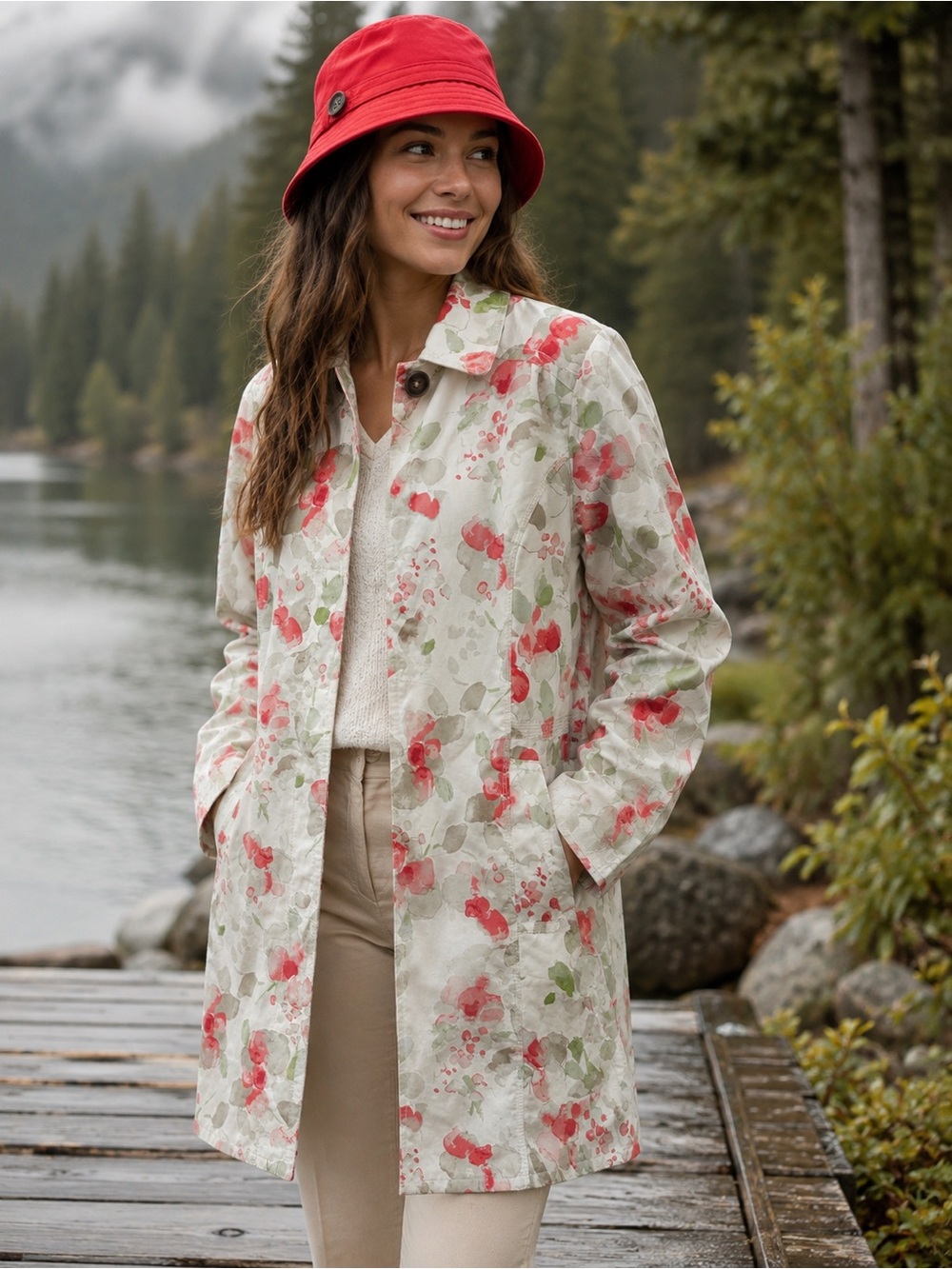 Eddie Bauer Large Floral Water-Resistant Trench Coat Cream & Corel Accents & Hat